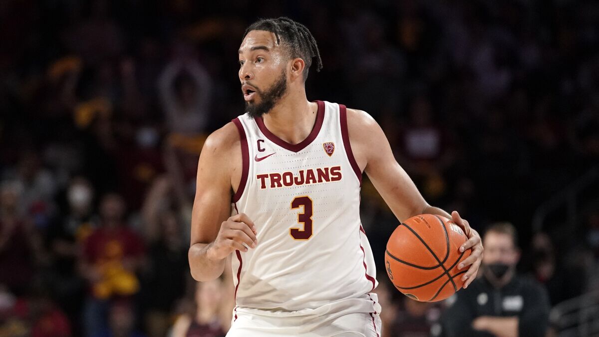 USC's Isaiah Mobley controls the ball during a game against Stanford in January.