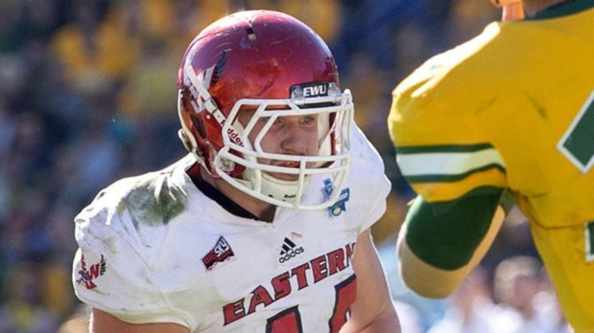 Eastern Washington linebacker Ketner Kupp rushes North Dakota State quarterback Easton Stick during the FCS championship game in January.