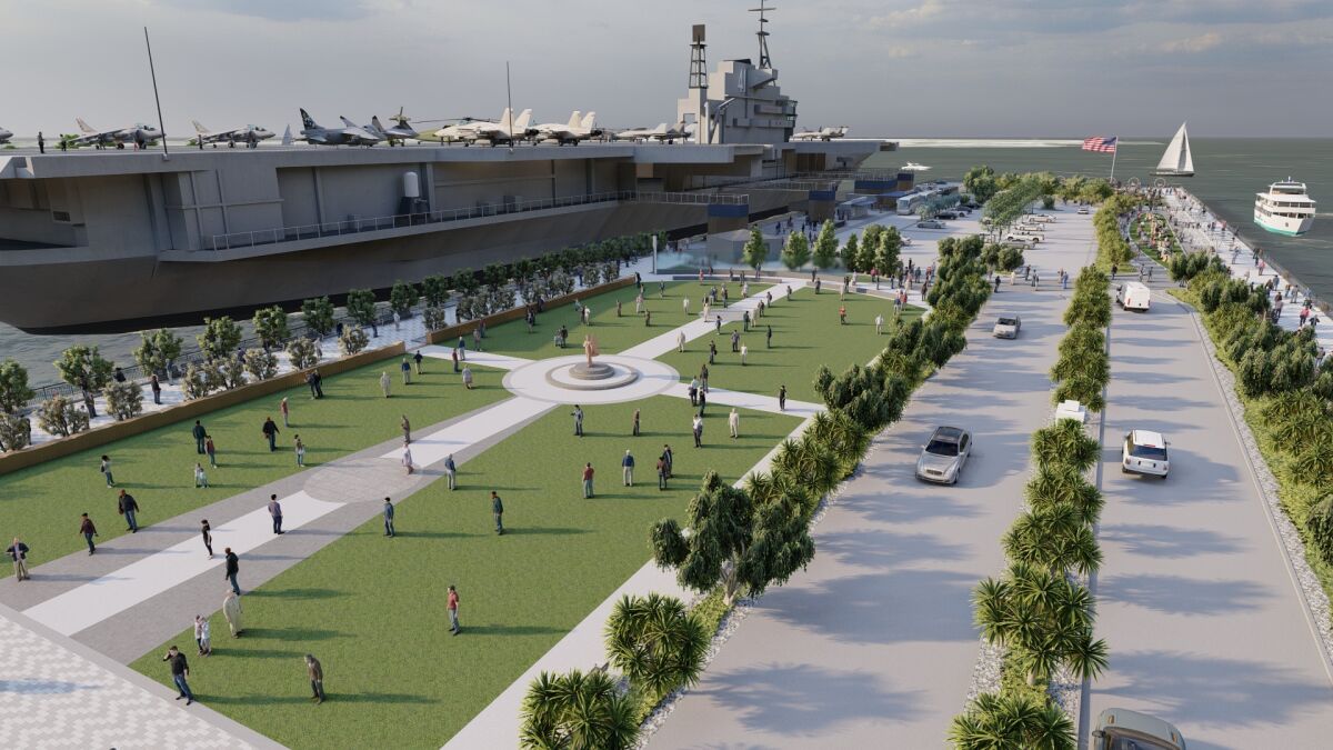 A rendering shows the design of a park with grass and trees on the Navy Pier next to the USS Midway Museum.