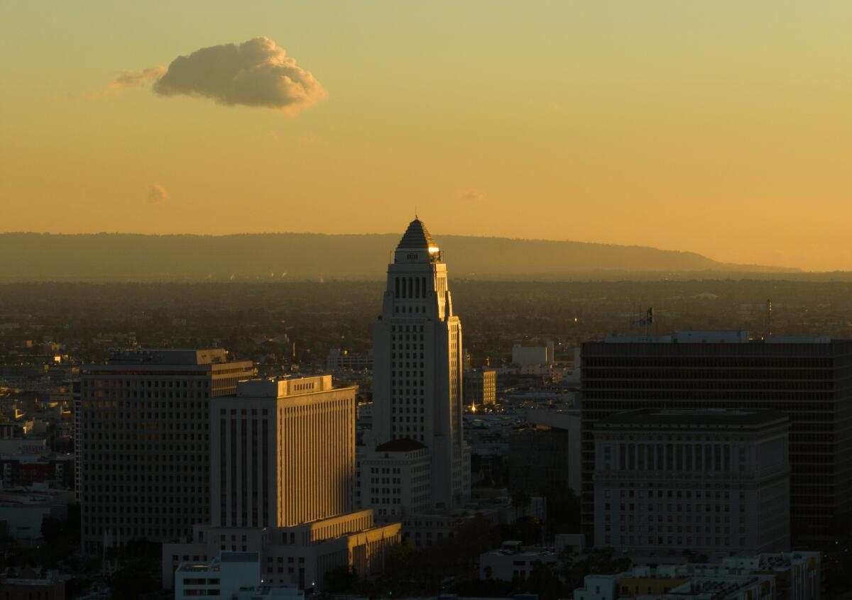 Sunset at City Hall in downtown Los Angeles on Dec. 12.