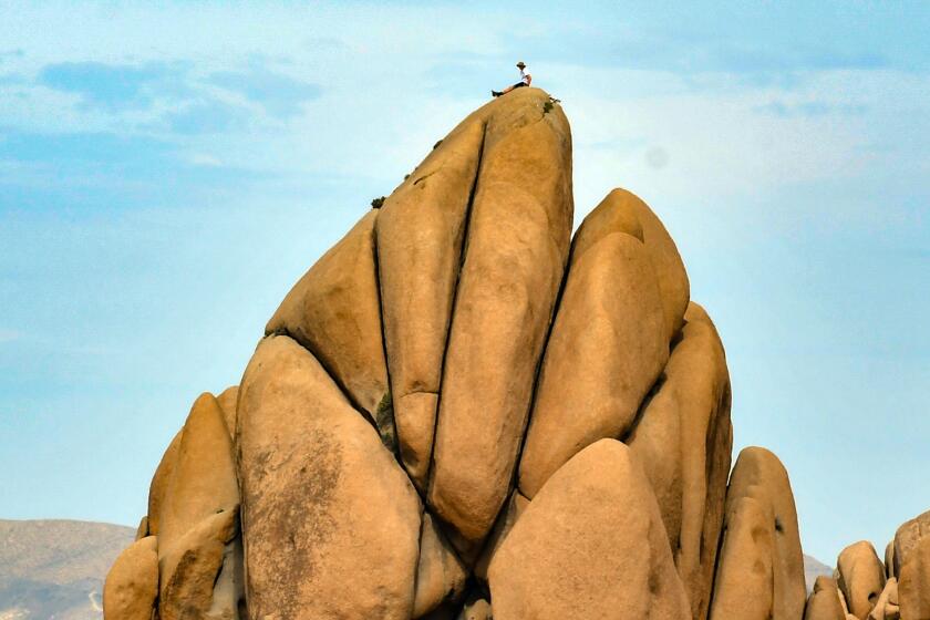 A climber rests in the Jumbo Rocks area of Joshua Tree National Park in March, 2019.