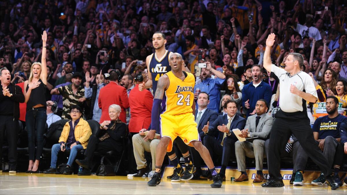 Kobe Bryant capped his career with a 60-point game against the Jazz on April 13, 2016 at Staples Center. Now he'll have the Lakers fans on their feet again when his No. 24 and No. 8 are retired Monday night.