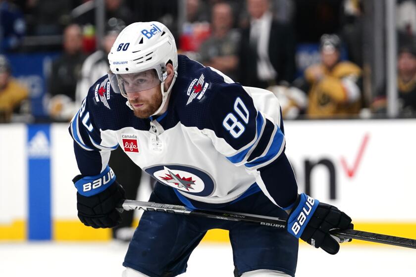 Winnipeg Jets left wing Pierre-Luc Dubois (80) plays during Game 2 of an NHL hockey Stanley Cup first-round playoff series against the Vegas Golden Knights Thursday, April 20, 2023, in Las Vegas. (AP Photo/Lucas Peltier)