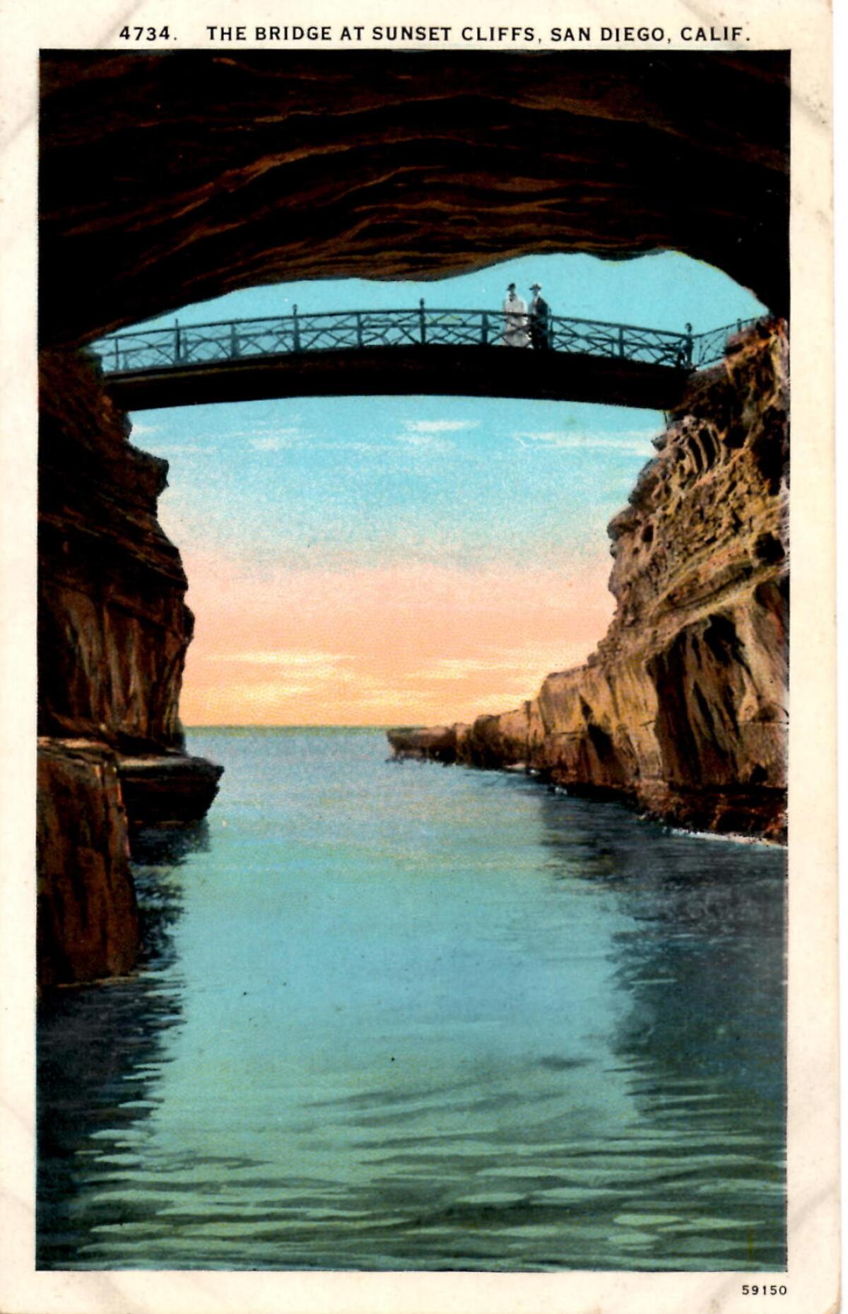An old postcard shows a bridge that Al Spalding had installed at his Sunset Cliffs Park, which opened in 1915.