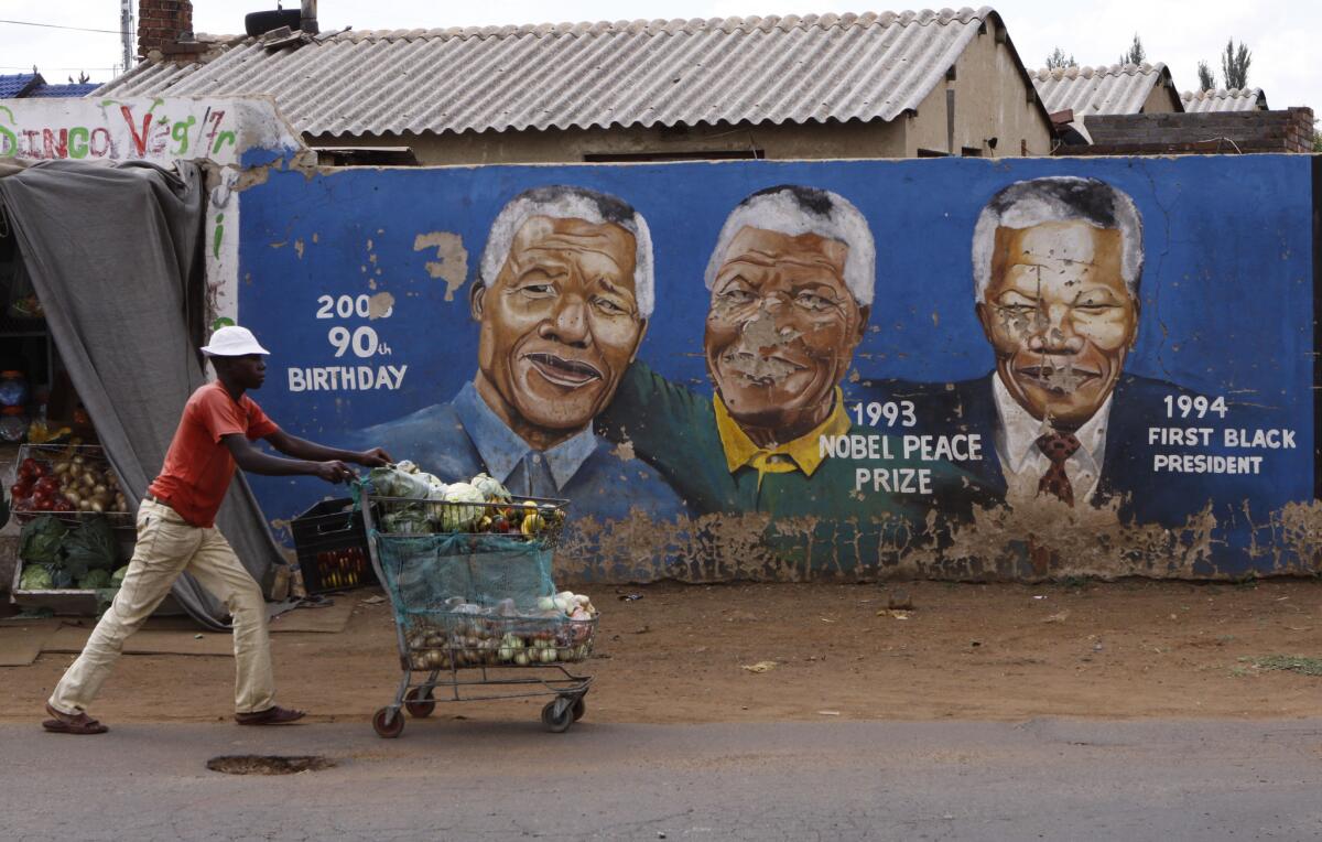 A South African hawker pushes his cart past portraits of the late former President Nelson Mandela at various stages of his life painted on a wall the Johannesburg suburb of Soweto.