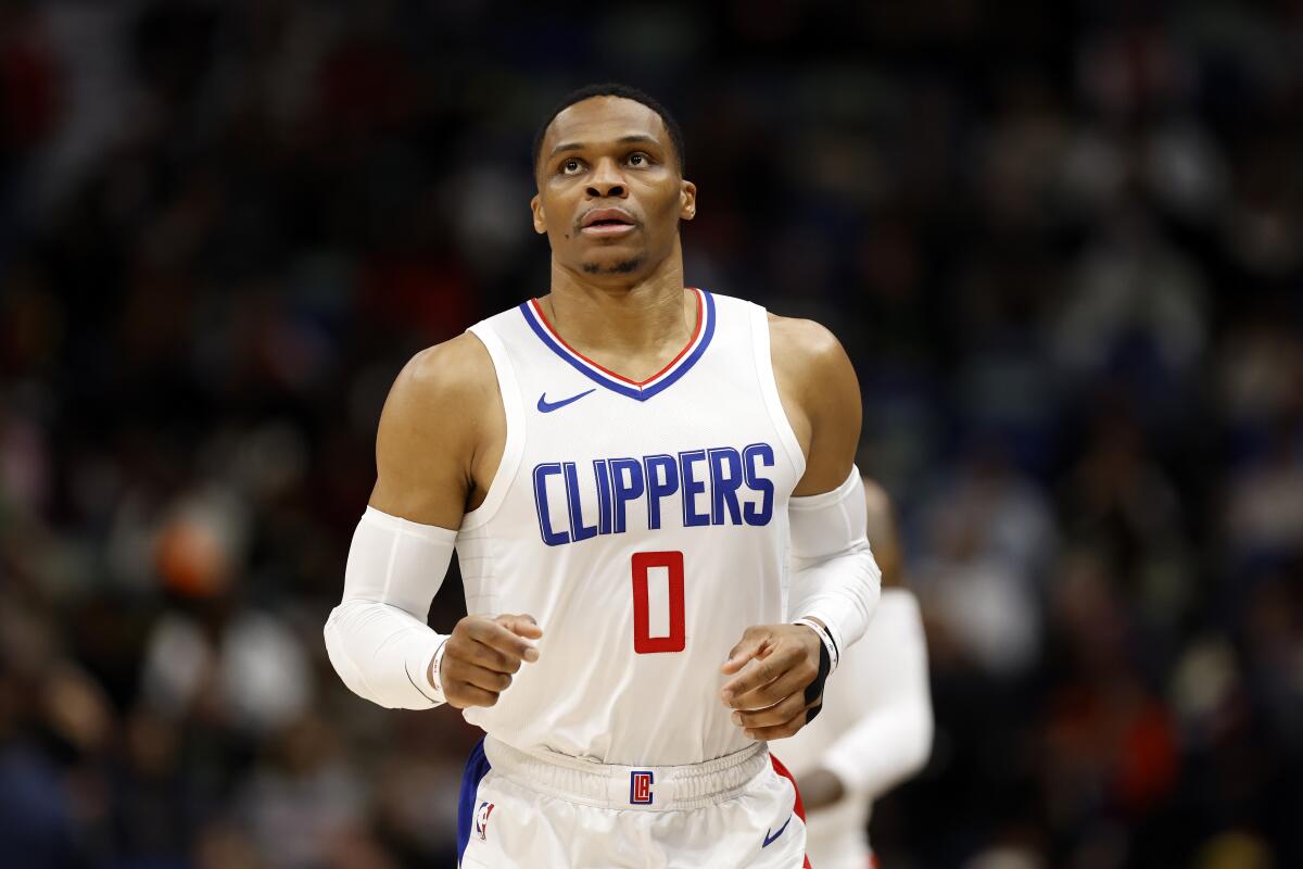 Clippers guard Russell Westbrook jogs on the court during a game against the New Orleans Pelicans in January.