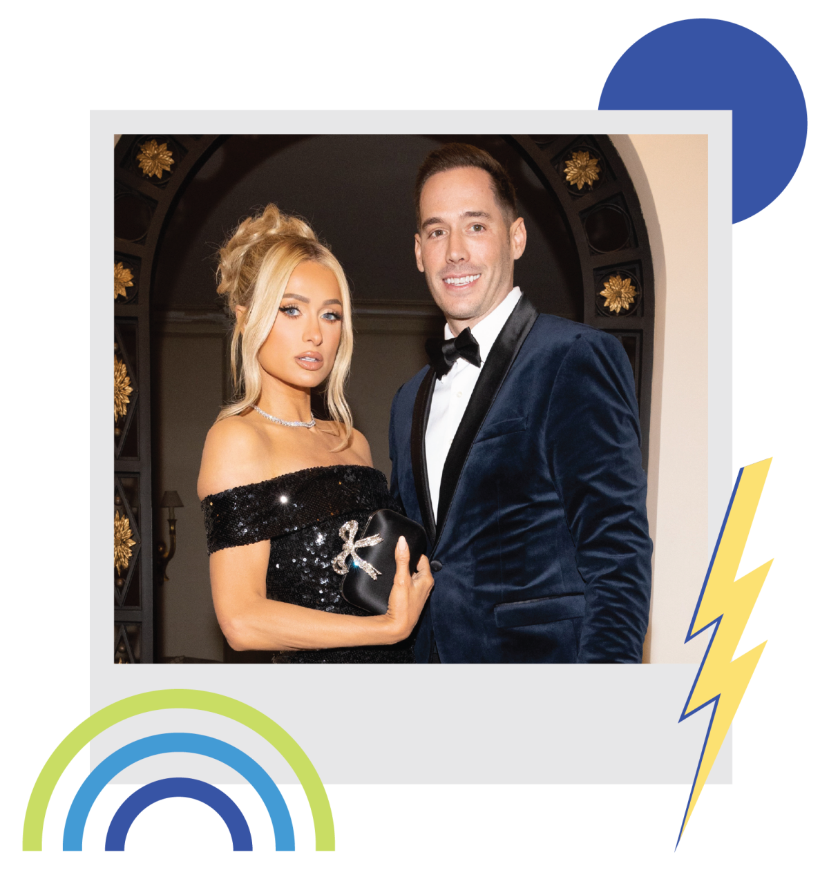 Photo illustration of a polaroid image of a woman and man posing in formal clothes with shapes around: bolt, circle and arcs