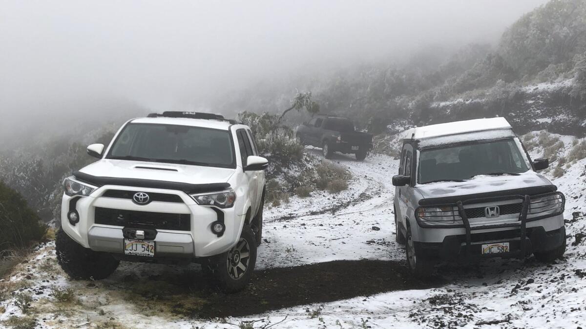 Snow on the ground in Polipoli Spring State Recreation Area in Kula, Hawaii, on the island of Maui. A strong storm that hit Hawaii knocked out power, brought down tree branches, flooded coastal roads and even brought snow.