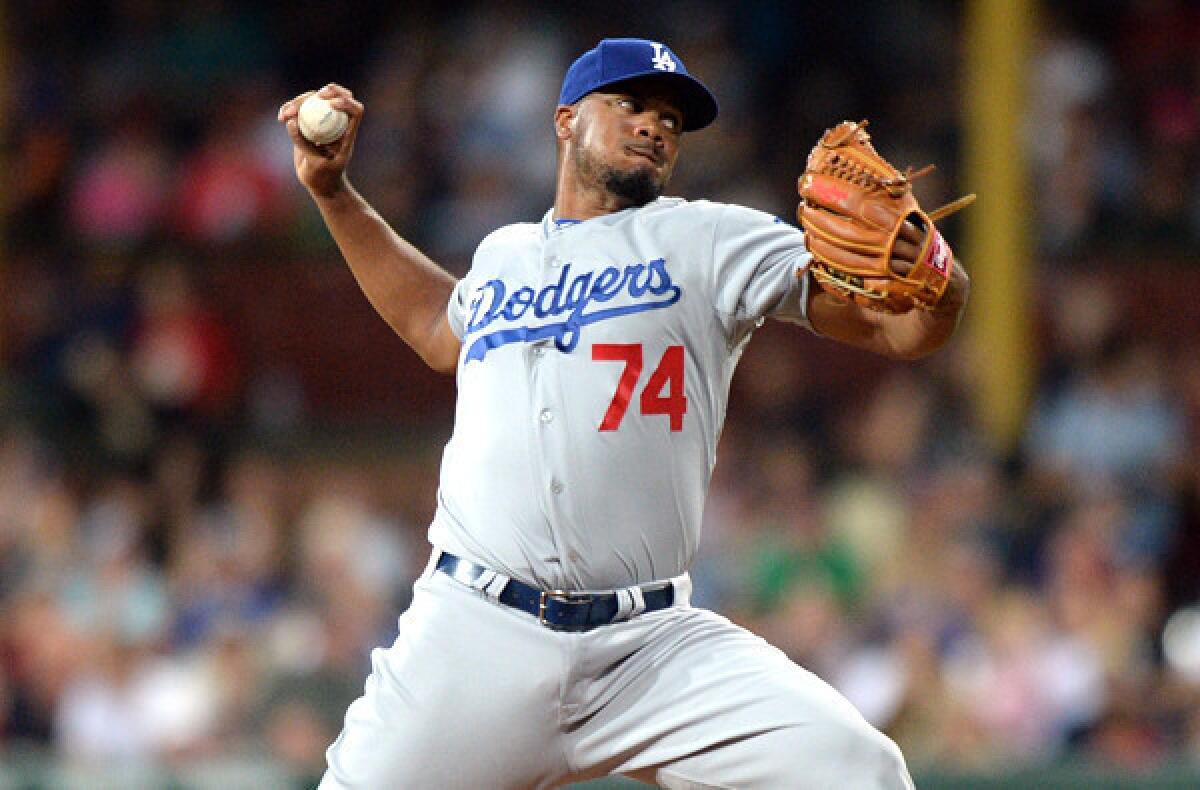 Dodgers pitcher Kenley Jansen has appeared in six games this season, earning two saves with a 3.60 earned-run average.