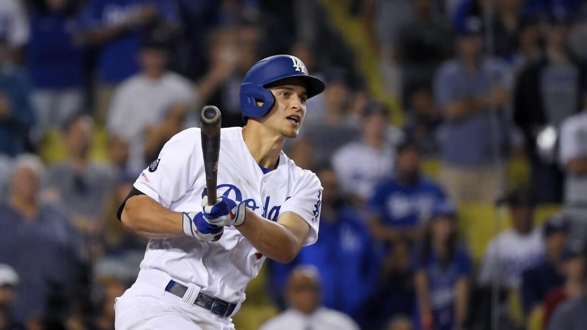 Corey Seager hits a double during the ninth inning against the Toronto Blue Jays on Thursday at Dodger Stadium.