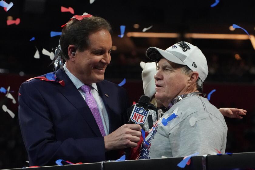 Head Coach Bill Belichick of the New England Patriots is interviewed by sportscaster Jim Nantz after winning Super Bowl LIII against the Los Angeles Rams at Mercedes-Benz Stadium in Atlanta, Georgia, on February 3, 2019. (Photo by TIMOTHY A. CLARY / AFP) (Photo credit should read TIMOTHY A. CLARY/AFP/Getty Images)