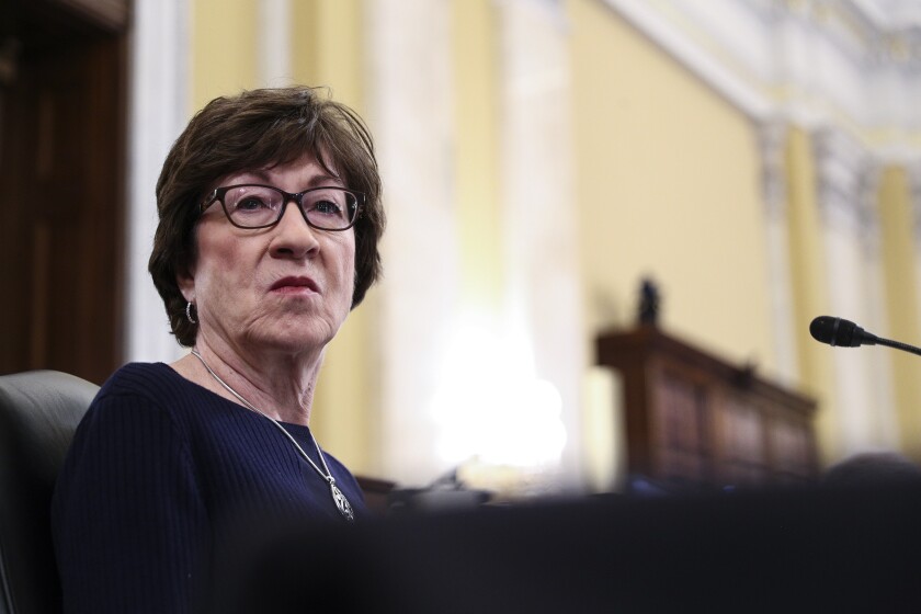 Sen. Susan Collins, R-Maine, listens during a Senate Intelligence Committee hearing on the nomination of William Burns to be director of the Central Intelligence Agency (CIA) on Capitol Hill in Washington, U.S., February 24, 2021. (Tom Brenner/Pool via AP)