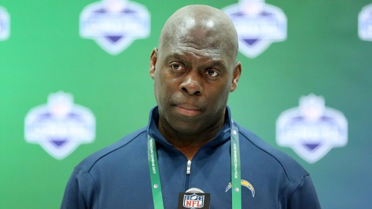Chargers Coach Anthony Lynn speaks at a news conference at the 2017 NFL scouting combine on March 2.