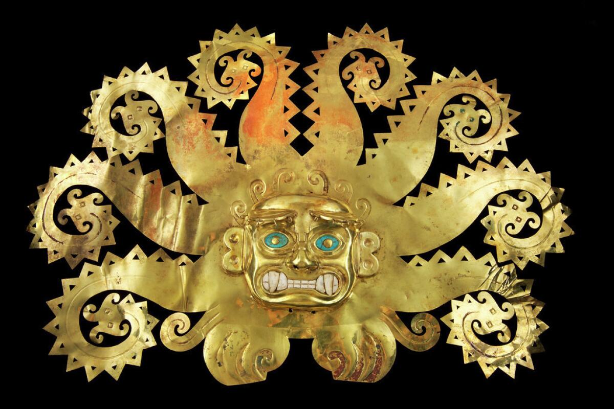 Octopus frontlet, 300-600, from "Golden Kingdoms: Luxury and Legacy in the Ancient Americas." (Museo de la Nación, Ministerio de Cultura del Perú)
