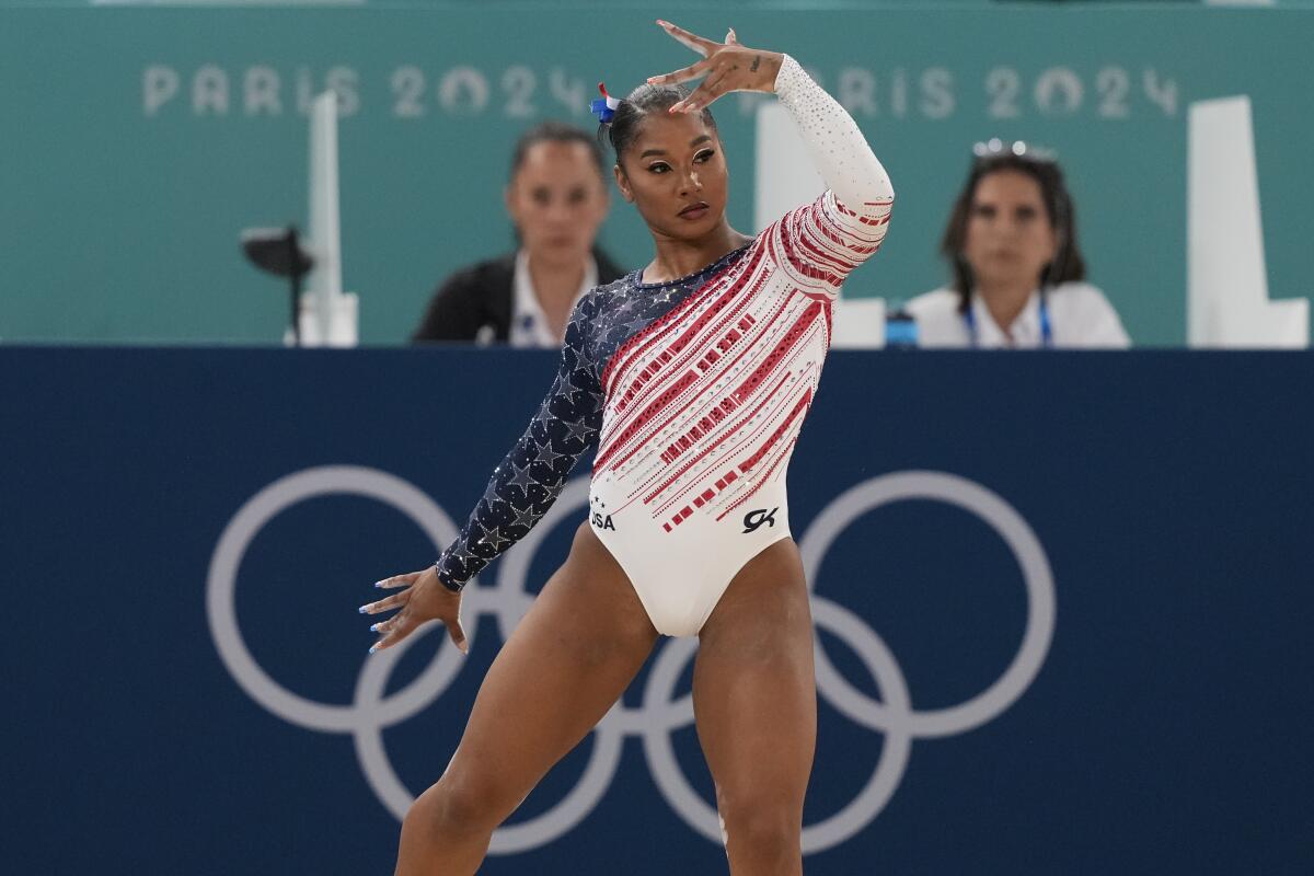 Jordan Chiles, of the United States, performs on the floor during the women's gymnastics team finals at Bercy Arena 