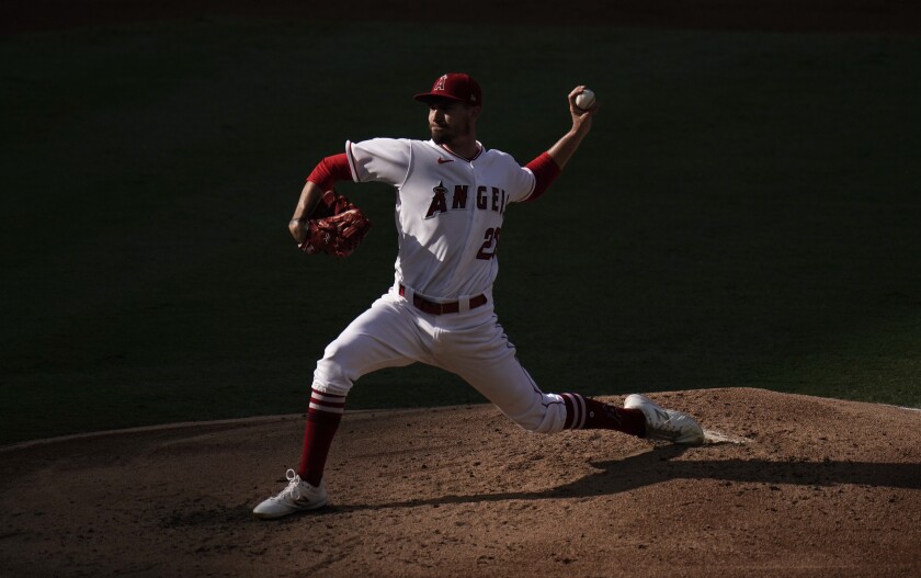 Angels starting pitcher Andrew Heaney throws against the San Diego Padres.
