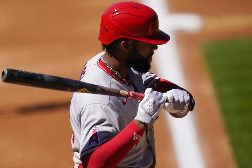 Los Angeles Angels center fielder Jo Adell (59) in the second inning of a baseball game Sunday, Sept. 13, 2020.
