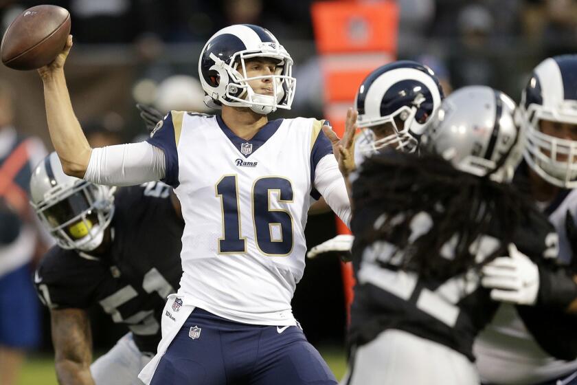 Los Angeles Rams quarterback Jared Goff (16) passes against the Oakland Raiders during an NFL preseason football game in Oakland, Saturday, Aug. 19, 2017. (AP Photo/Ben Margot)