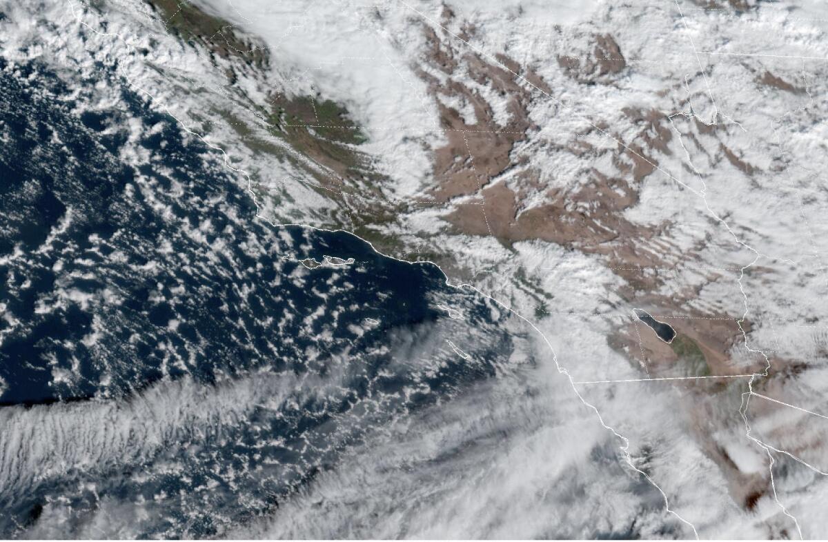 A satellite photo shows weather moving in to Southern California.