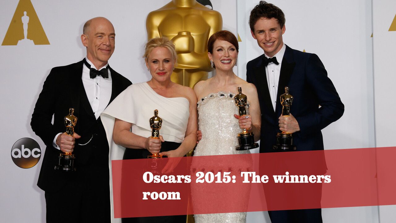 J.K. Simmons, left, Patricia Arquette, Julianne Moore and Eddie Redmayne pose with their Oscars. Click through for more photos from the winners' room at the 87th Academy Awards.
