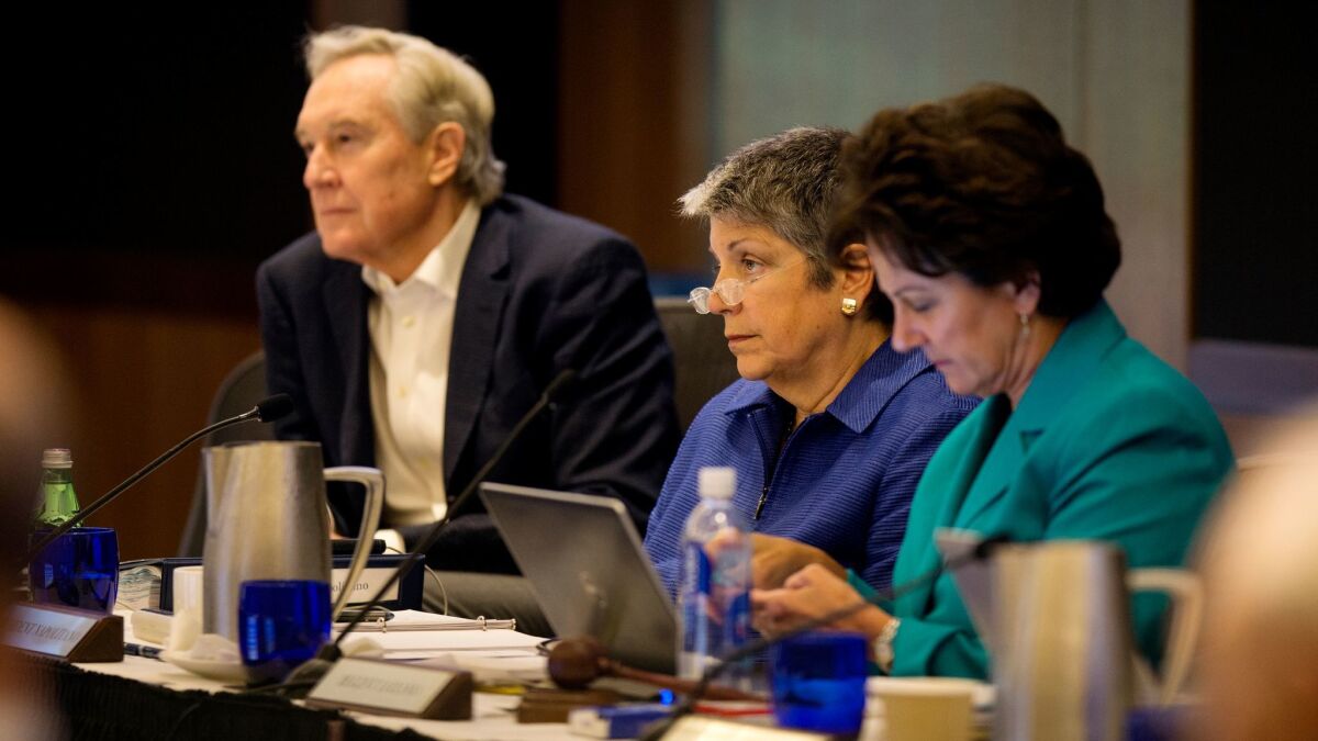 Regent George Kieffer, left, UC President Janet Napolitano and Regent Chairwoman Monica Lozano listen to a presentation at UCLA. UC regents discussed rising college costs this week in San Francisco.