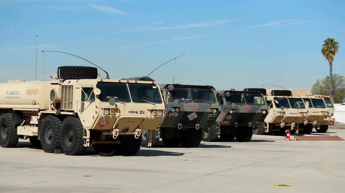 Fuel trucks line the staging area at Joint Forces Training Base Los Alamitos.