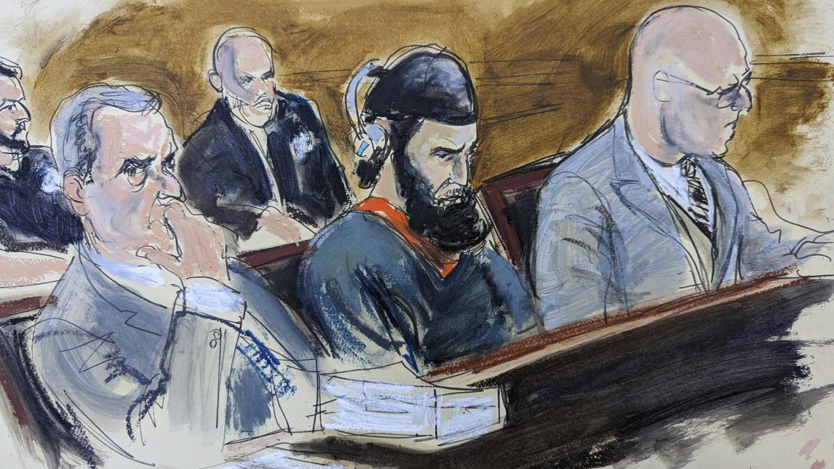 Courtroom sketch of convicted terrorist Sayfullo Saipov, center, flanked by his attorneys