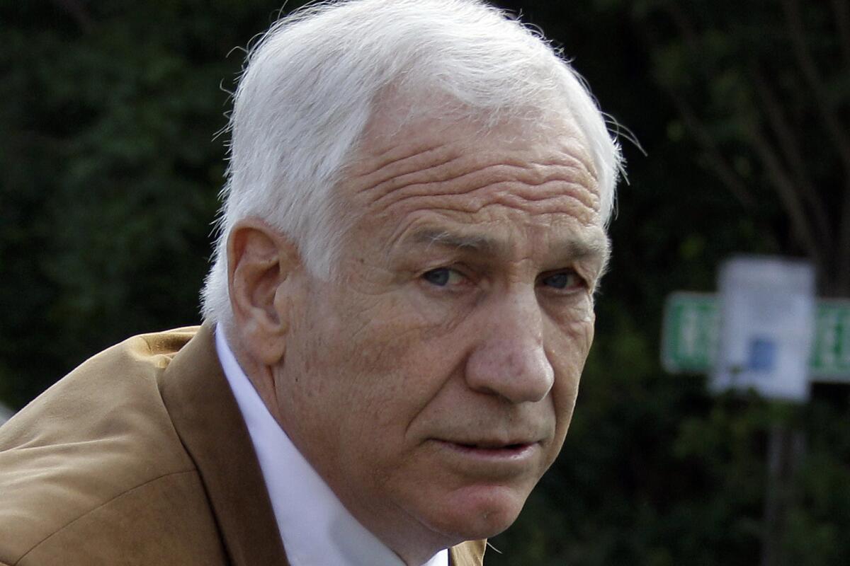 This June 2012 file photo shows former Penn State assistant football coach Jerry Sandusky arriving at the Centre County Courthouse in Bellefonte, Pa. Sandusky should not get a new trial after being convicted of sexually abusing 10 boys, a Pennsylvania appeals court ruled Wednesday.