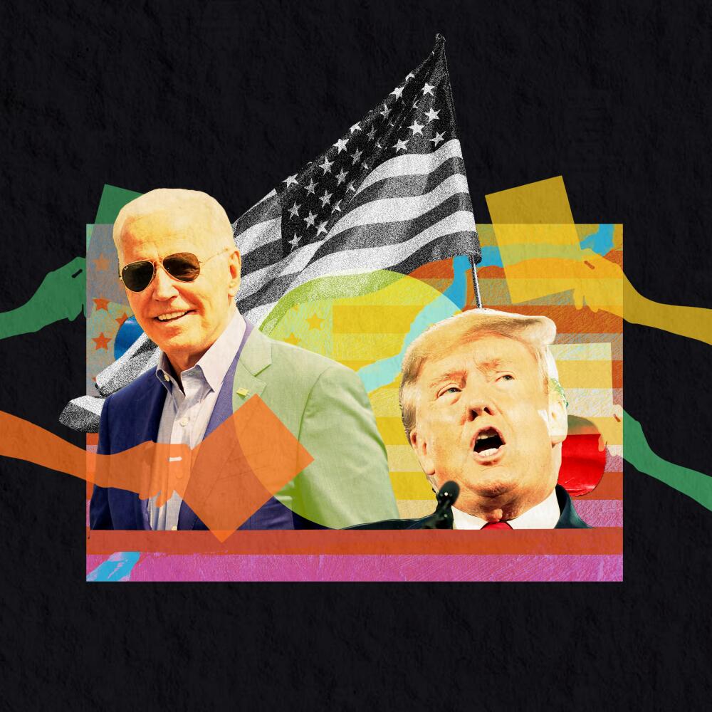 An illustration with photos of Joe Biden, Donald Trump and a black-and-white American flag on a colorful abstract graphic