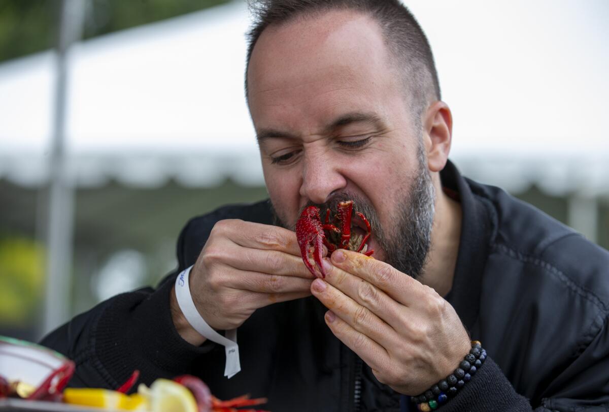 Jeff Holt, of Laguna Niguel, eats a crawfish during the Crawfish Festival.