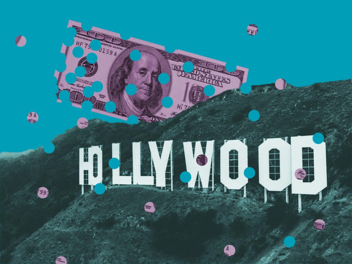 collage of the Hollywood sign and a hundred-dollar bill with riddled with holes