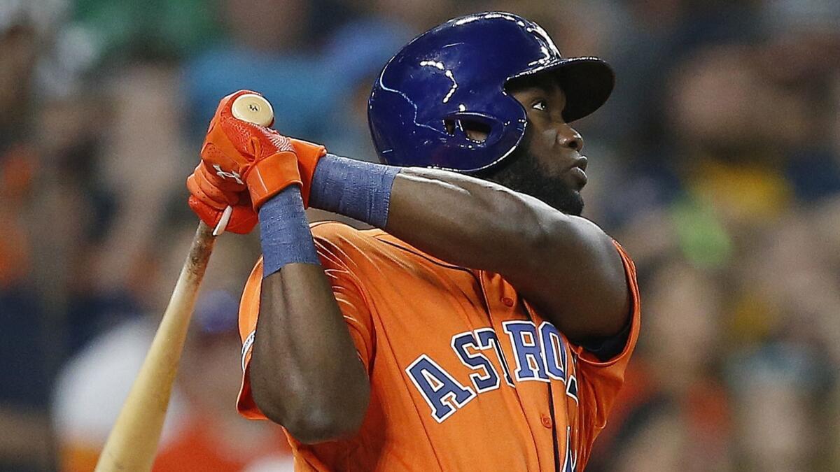 Houston Astros designated hitter Yordan Alvarez hits a two-run home run against the Toronto Blue Jays on June 14. Alvarez was part of the Dodgers' organization before being traded to Houston in 2016.
