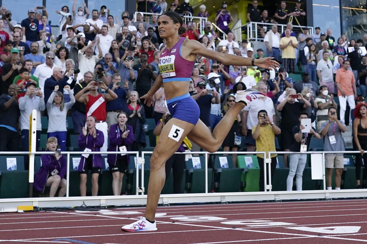 Sydney McLaughlin of the U.S. wins the final of the women's 400-meter hurdles at the world championships July 22, 2022.