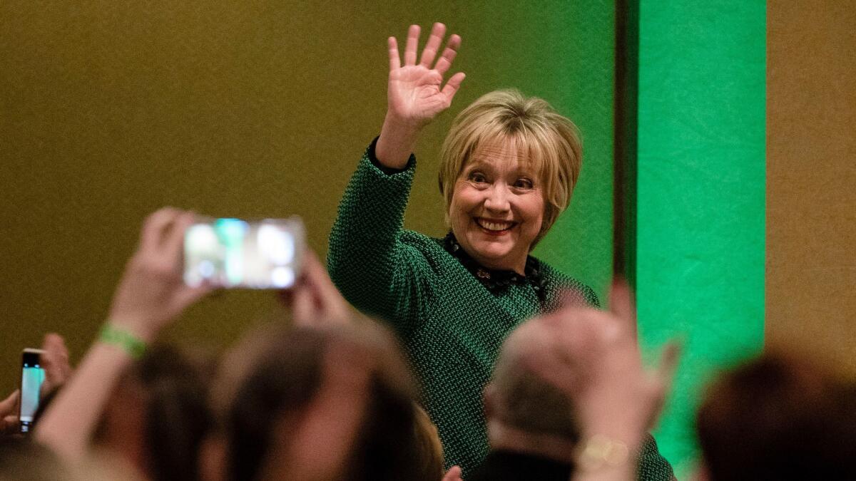 Hillary Clinton arrives at the Society of Irish Women's annual dinner on St. Patrick's Day in her late father's hometown of Scranton, Pa.