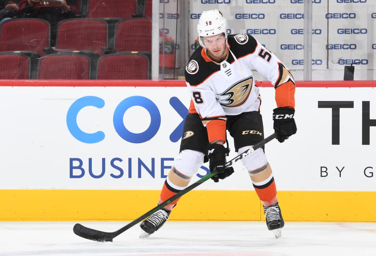 Ducks' Brogan Rafferty warms up during pregame against the Arizona Coyotes.