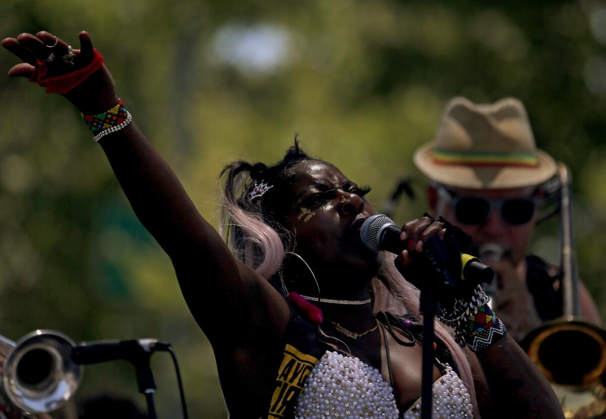 Singer Sonia Harley performs during Juneteenth celebrations in Leimert Park on Saturday.