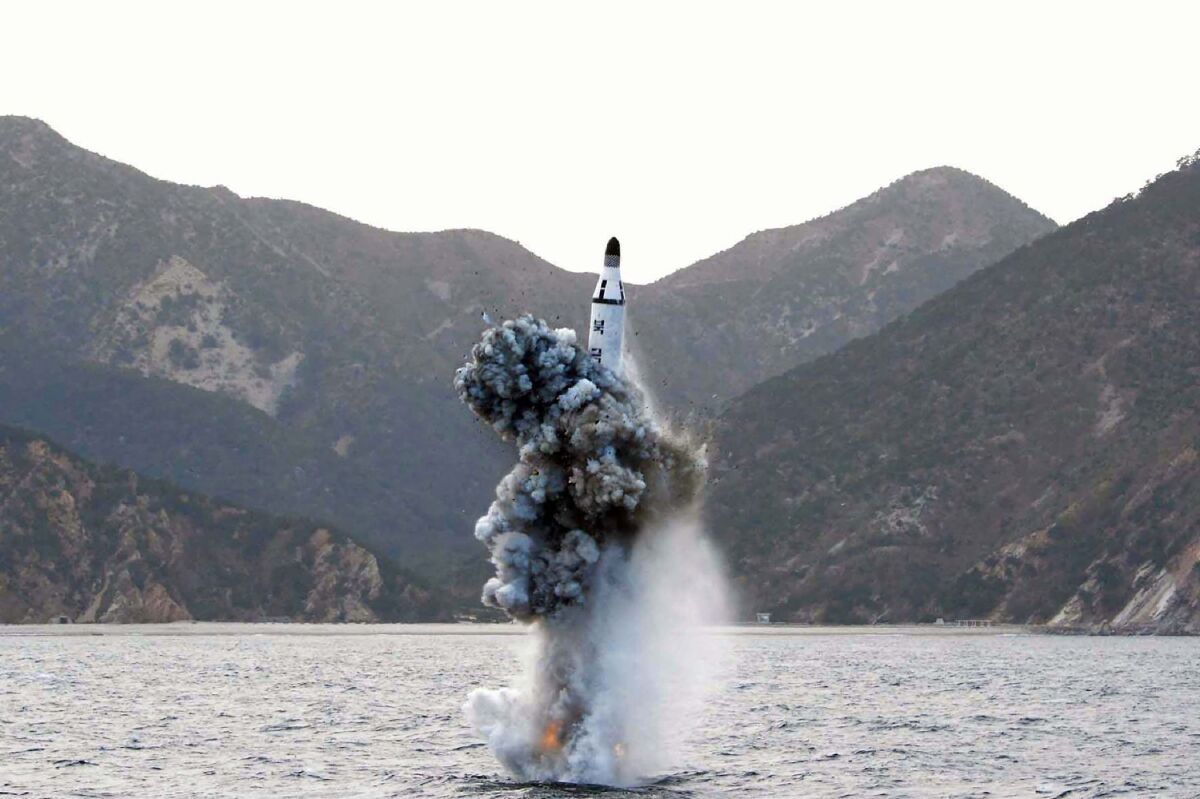This file picture released from North Korea's official Korean Central News Agency on April 24, 2016 shows the underwater test-fire of a strategic submarine ballistic missile at an undisclosed location in North Korea on April 23, 2016. A report to be released Thursday recommends halting the expansion of the U.S.'s system designed to defend America against a nuclear attack by North Korea until its technical problems have been solved.