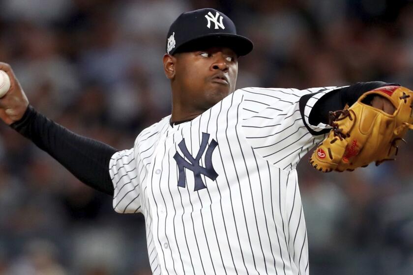 NEW YORK, NY - OCTOBER 03: Luis Severino #40 of the New York Yankees throws a pitch against the Minnesota Twins during the first inning in the American League Wild Card Game at Yankee Stadium on October 3, 2017 in the Bronx borough of New York City. (Photo by Al Bello/Getty Images) ** OUTS - ELSENT, FPG, CM - OUTS * NM, PH, VA if sourced by CT, LA or MoD **