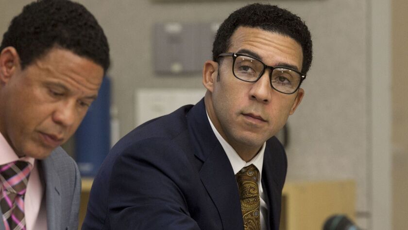 Former NFL player Kellen Winslow Jr., right, appears at his preliminary hearing in Vista, Calif., on July 11, 2018.