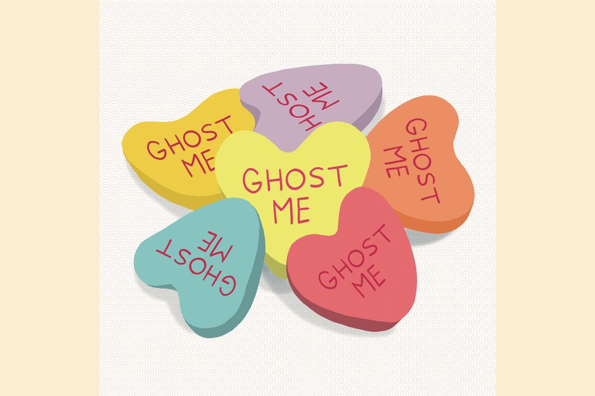 Illustration of hearts that read, "Ghost me"