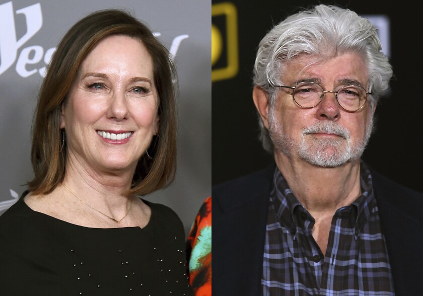 Kathleen Kennedy appears at the 20th annual Costume Designers Guild Awards in Beverly Hills, Calif., on Feb. 20, 2018, left, and George Lucas appears at the premiere of "Solo: A Star Wars Story" in Los Angeles on May 10, 2018. Kennedy and Lucas, stewards of the "Star Wars" universe are being honored by the Producers Guild of America for their contributions to the film industry. The PGA said Friday, Jan. 14, 2022, that the pair will receive the Milestone Award at the Producers Guild Awards in March. (AP Photo)