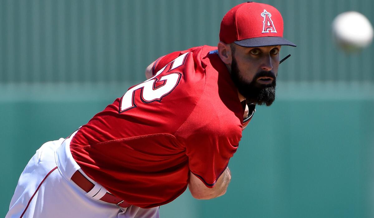 Angels starter Matt Shoemaker delivers a pitch against the Padres during an exhibition game on Friday in Tempe, Ariz.