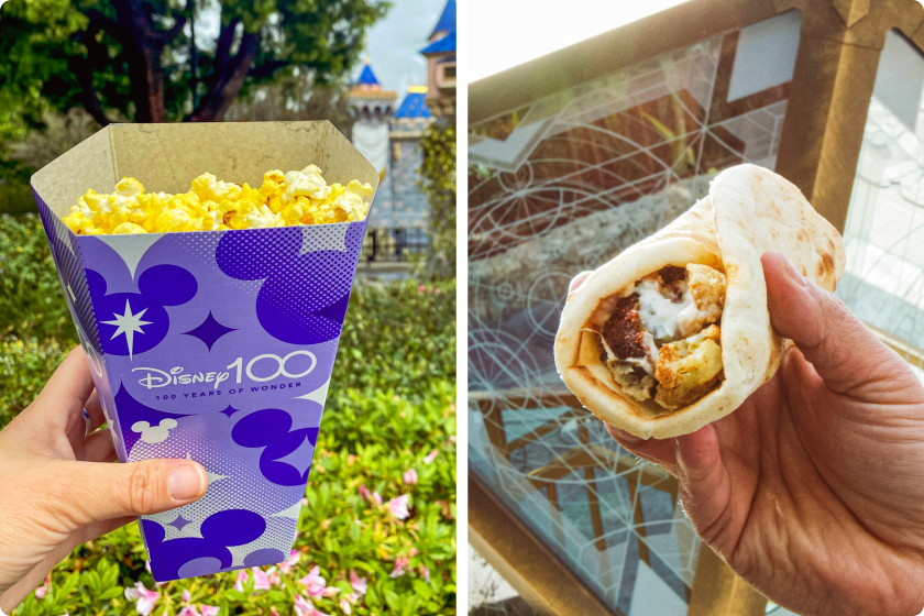 2 framed photographs of Disneyland eats: popcorn and a wrap