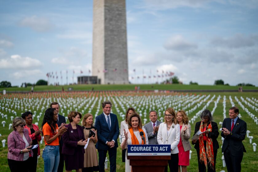 Speaker of the House Nancy Pelosi (D-CA) delivers remarks during an event at the Gun Violence Memorial 