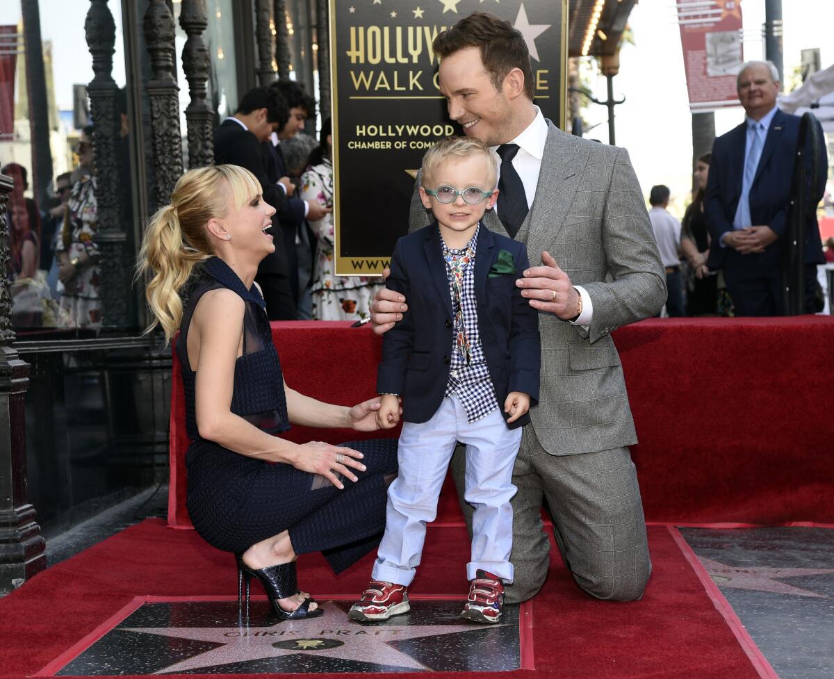 Actor Chris Pratt is joined by his wife, actress Anna Faris, and their son, Jack, during a ceremony to award Pratt a star on the Hollywood Walk of Fame on Friday, April 21, 2017, in Los Angeles. (Chris Pizzello / Invision / Associated Press)