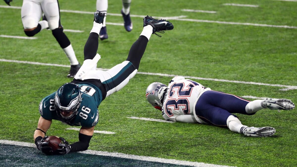 An 11-yard touchdown catch by Philadelphia's Zach Ertz was reviewed and upheld by the officials during Super Bowl LII.