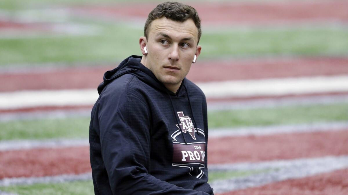 Johnny Manziel takes part in Texas A&M's football pro day on March 27.