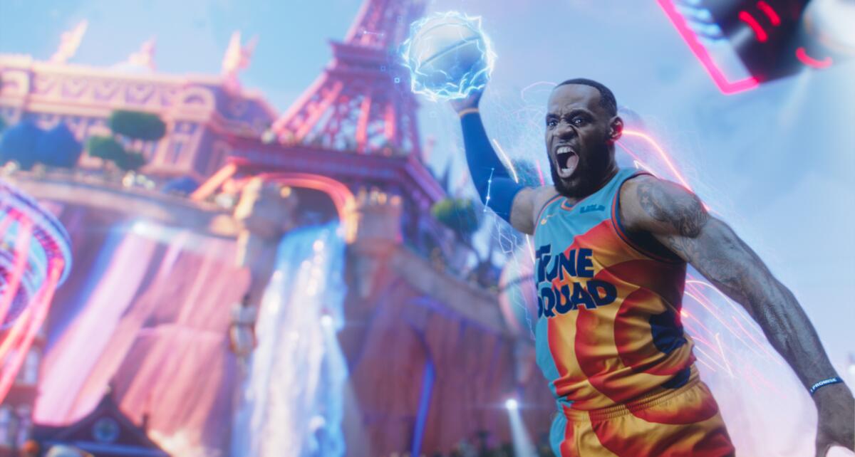 LeBron James elevates for a dunk in an image released by Warner Bros. to promote "Space Jam: A New Legacy."