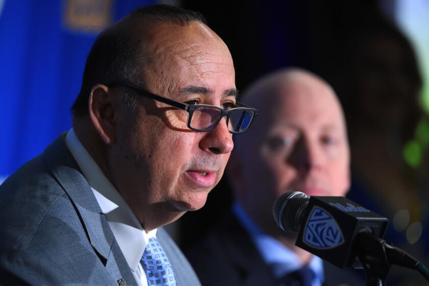 LOS ANGELES, CA - APRIL 10: UCLA Director of Athletics Dan Guerrero introduces Mick Cronin as the new UCLA Mens Head Basketball Coach during a press conference at Pauley Pavilion on April 10, 2019 in Los Angeles, California. (Photo by Jayne Kamin-Oncea/Getty Images) ** OUTS - ELSENT, FPG, CM - OUTS * NM, PH, VA if sourced by CT, LA or MoD **