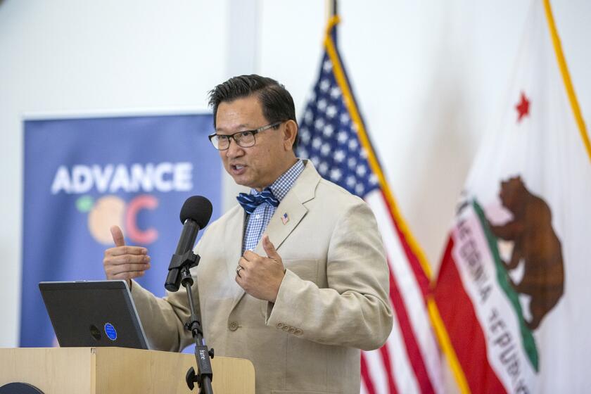 Orange County Board of Supervisors Chairman Andrew Do speaks at Mile Square Park.